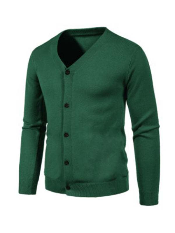 Stylish men's solid color V-neck cardigan sweater, all-season wear.