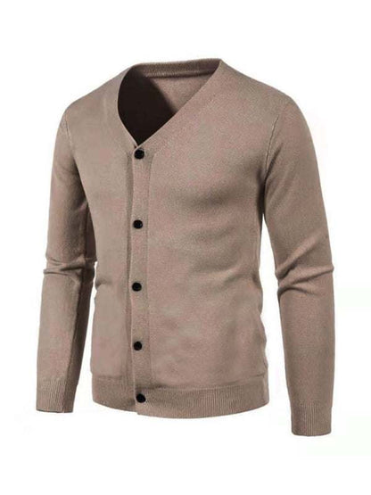 Stylish Men's Solid Color V-Neck Cardigan Sweater for All Seasons - MENLL