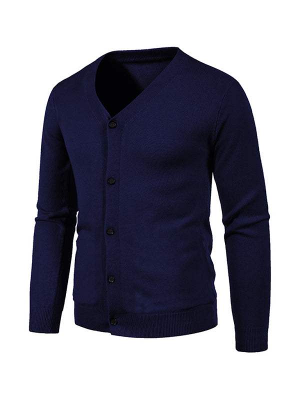 Stylish Men's Solid Color V-Neck Cardigan Sweater for All Seasons - MENLL