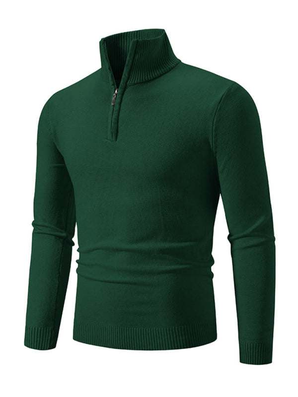 Men's green half-zip solid color sweater with stand collar, ideal for casual wear.