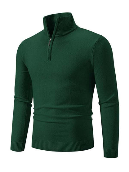 Men's green half-zip solid color sweater with stand collar, ideal for casual wear.