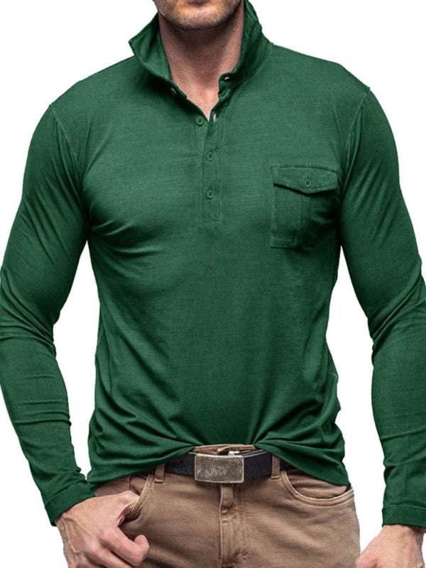 Men's solid color long sleeve polo shirt with lapel and welt pocket in green.