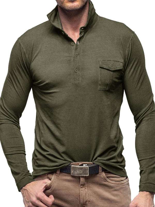 Chic Men's Solid Color Long Sleeve Polo Shirt with Welt Pocket - Perfect for Every Season! - MENLL