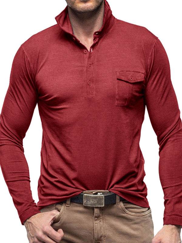 Chic Men's Solid Color Long Sleeve Polo Shirt with Welt Pocket - Perfect for Every Season! - MENLL