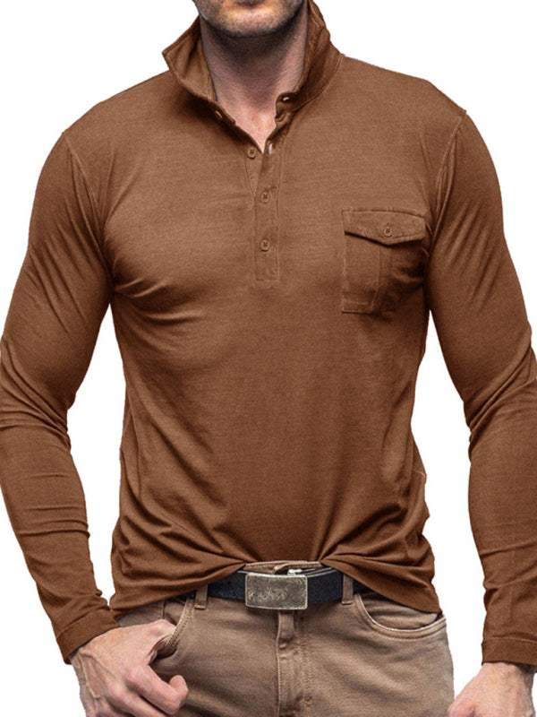 Chic Men's Solid Color Long Sleeve Polo Shirt with Welt Pocket - Perfect for Every Season! - MENLL