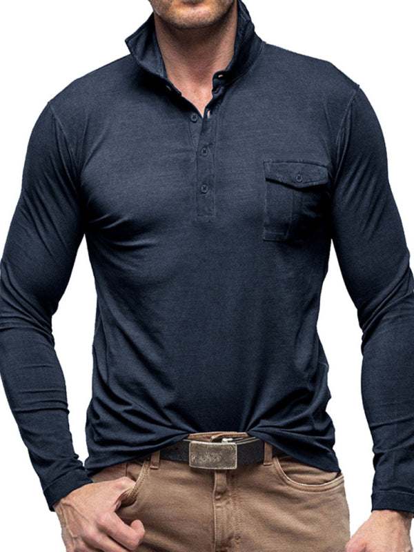 Chic Men's Solid Color Long Sleeve Polo Shirt with Welt Pocket - Perfect for Every Season! - MENLL