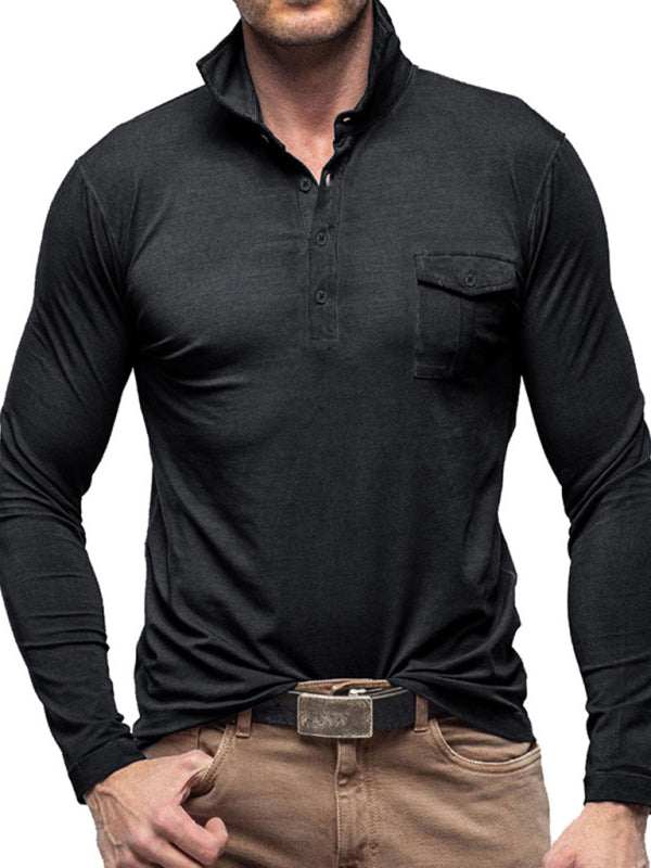 Chic Men's Solid Color Long Sleeve Polo Shirt with Welt Pocket - Perfect for Every Season! - MENLL