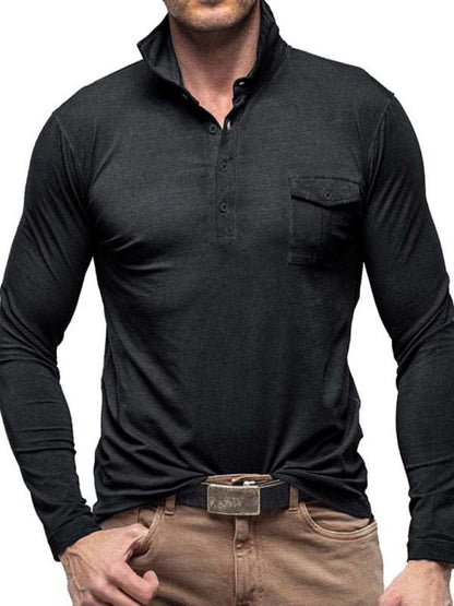 Chic Men's Solid Color Long Sleeve Polo Shirt with Welt Pocket - Perfect for Every Season! - MENLL