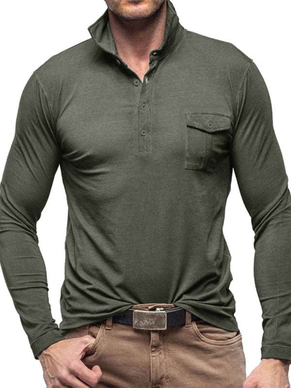 Chic Men's Solid Color Long Sleeve Polo Shirt with Welt Pocket - Perfect for Every Season! - MENLL