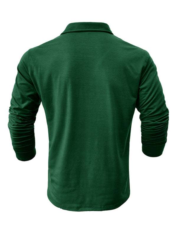 Chic Men's Solid Color Long Sleeve Polo Shirt with Welt Pocket - Perfect for Every Season! - MENLL