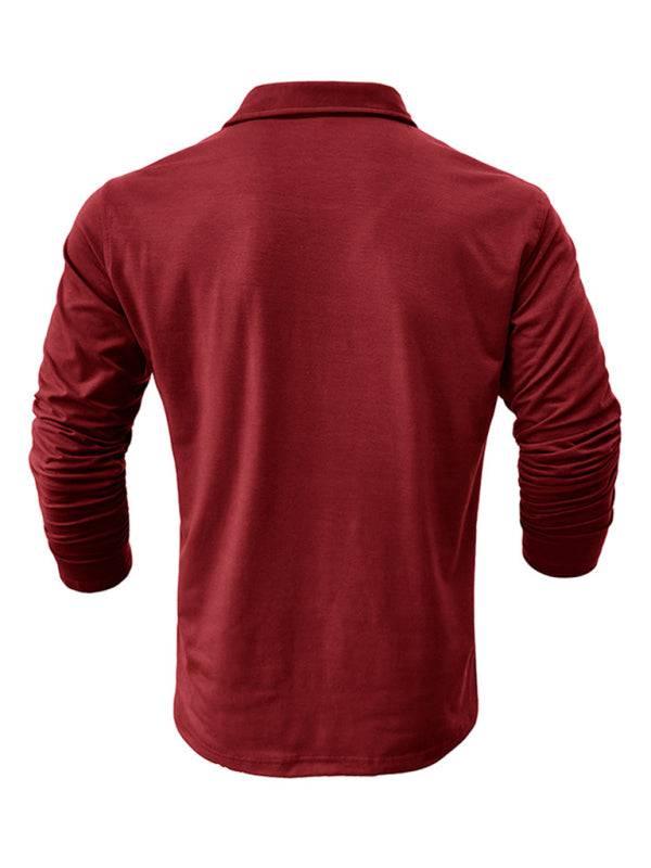 Chic Men's Solid Color Long Sleeve Polo Shirt with Welt Pocket - Perfect for Every Season! - MENLL