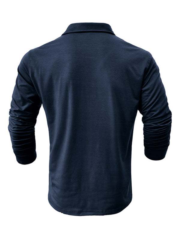 Chic Men's Solid Color Long Sleeve Polo Shirt with Welt Pocket - Perfect for Every Season! - MENLL