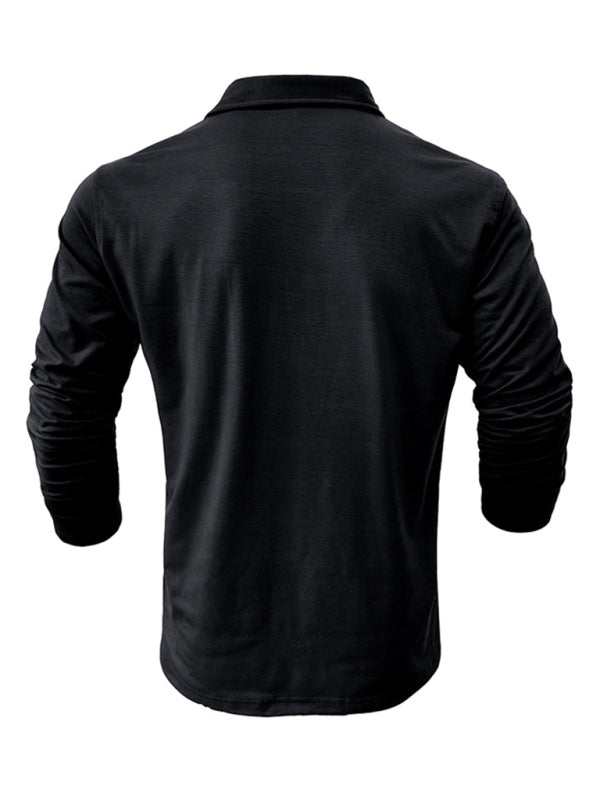 Chic Men's Solid Color Long Sleeve Polo Shirt with Welt Pocket - Perfect for Every Season! - MENLL