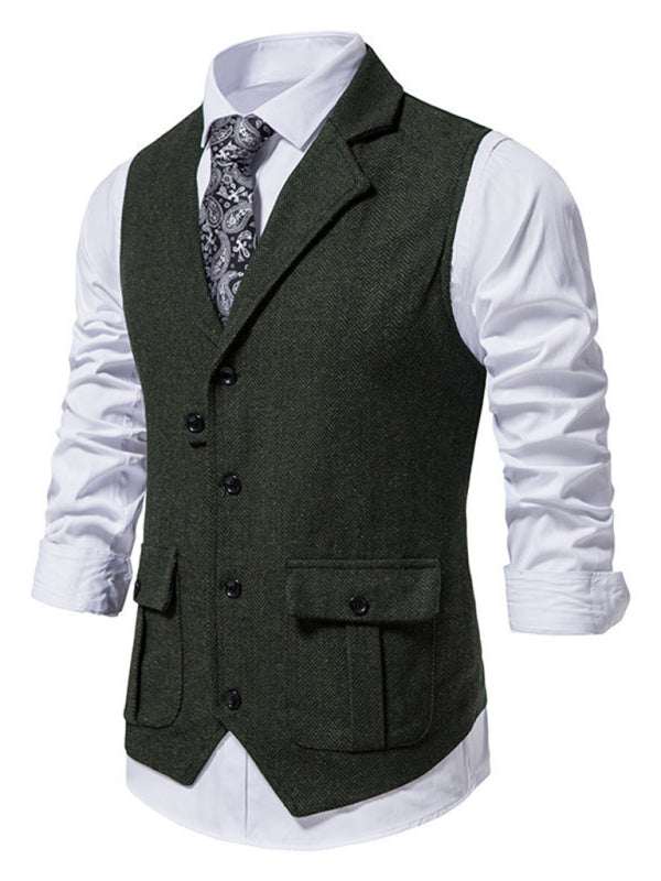 Men's herringbone tweed suit vest with stylish lapels and welt pockets.