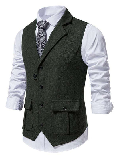Men's herringbone tweed suit vest with stylish lapels and welt pockets.