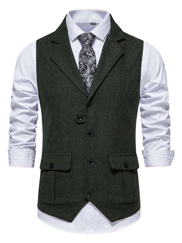 Retro Elegance: Men's Herringbone Tweed Suit Vest with Stylish Lapels - MENLL