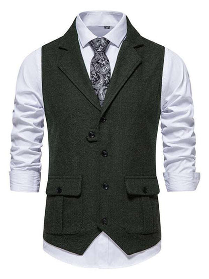 Retro Elegance: Men's Herringbone Tweed Suit Vest with Stylish Lapels - MENLL