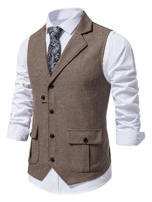 Retro Elegance: Men's Herringbone Tweed Suit Vest with Stylish Lapels - MENLL