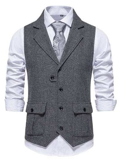 Retro Elegance: Men's Herringbone Tweed Suit Vest with Stylish Lapels - MENLL