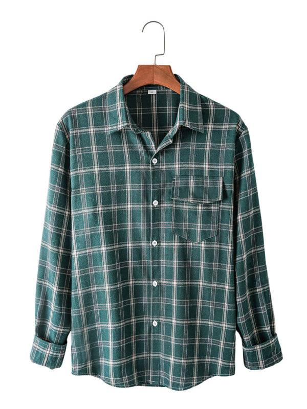 Plaid long-sleeve cardigan jacket in green and white with a classic pattern.