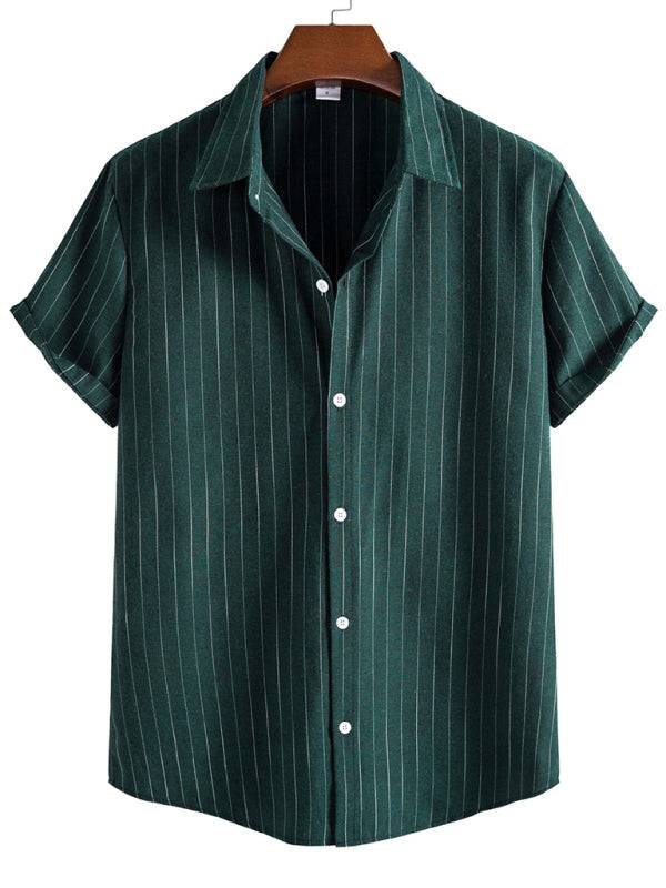 Fashion trend casual striped short sleeve shirt for men in dark green with white stripes.