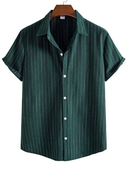 Fashion trend casual striped short sleeve shirt for men in dark green with white stripes.