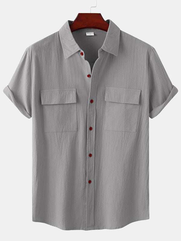 Men's square neck linen shirt, solid color, half sleeve, casual elegance.