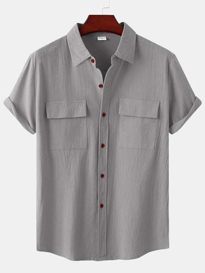 Men's square neck linen shirt, solid color, half sleeve, casual elegance.