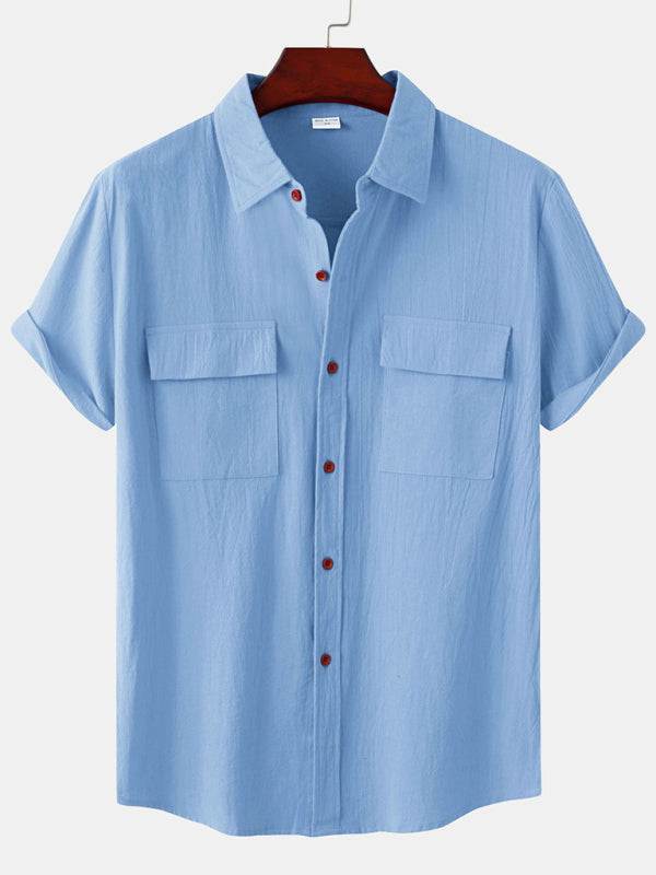 Men's Stylish Square Neck Linen Shirt - Casual Solid Color Half Sleeve Top for Effortless Elegance - MENLL