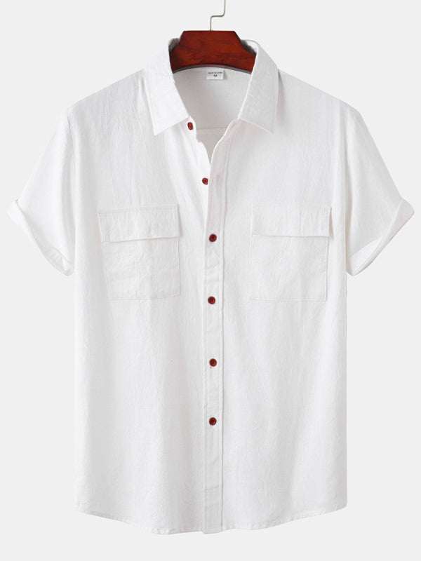 Men's Stylish Square Neck Linen Shirt - Casual Solid Color Half Sleeve Top for Effortless Elegance - MENLL