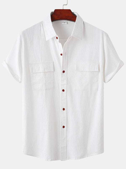 Men's Stylish Square Neck Linen Shirt - Casual Solid Color Half Sleeve Top for Effortless Elegance - MENLL