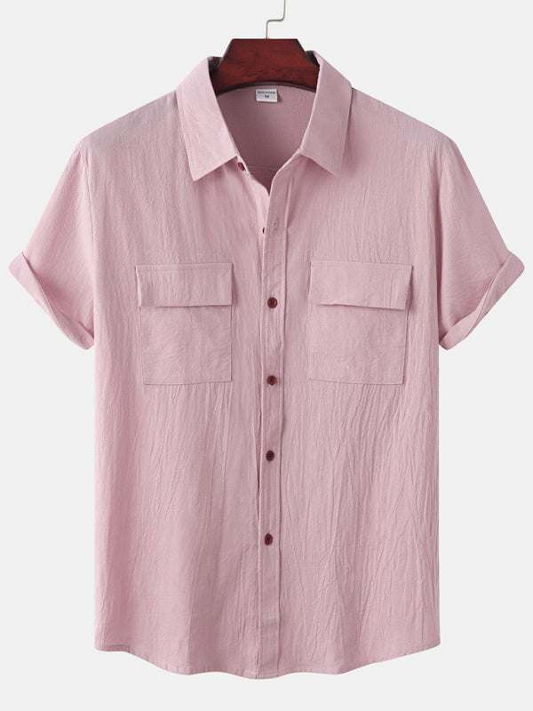 Men's Stylish Square Neck Linen Shirt - Casual Solid Color Half Sleeve Top for Effortless Elegance - MENLL