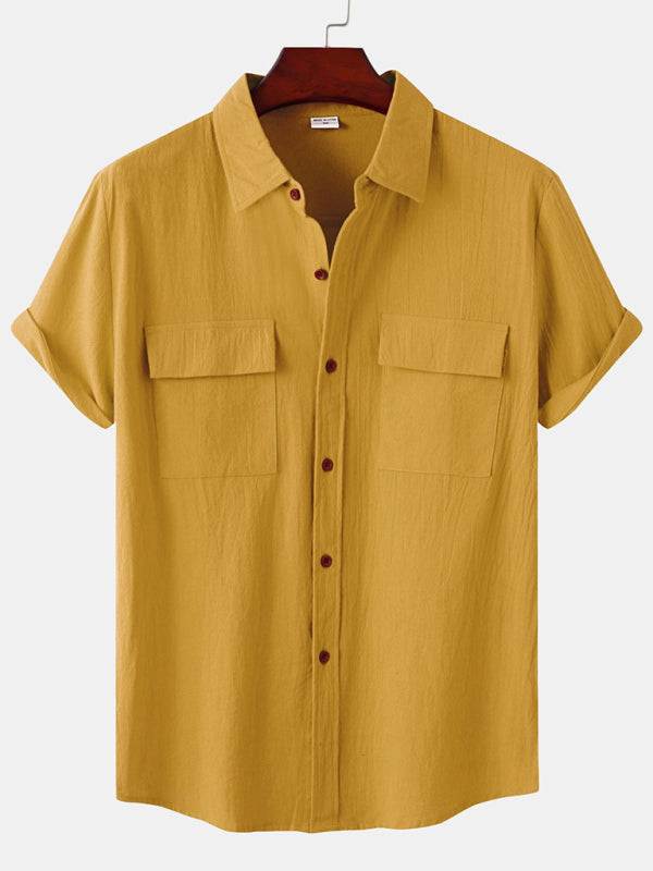 Men's Stylish Square Neck Linen Shirt - Casual Solid Color Half Sleeve Top for Effortless Elegance - MENLL