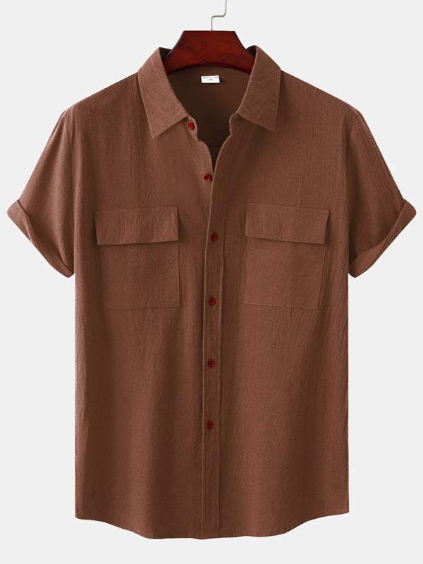 Men's Stylish Square Neck Linen Shirt - Casual Solid Color Half Sleeve Top for Effortless Elegance - MENLL