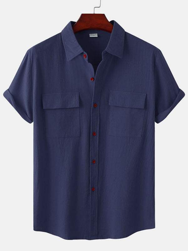 Men's Stylish Square Neck Linen Shirt - Casual Solid Color Half Sleeve Top for Effortless Elegance - MENLL