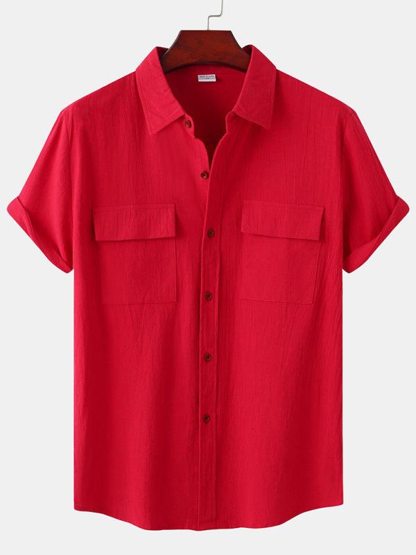 Men's Stylish Square Neck Linen Shirt - Casual Solid Color Half Sleeve Top for Effortless Elegance - MENLL