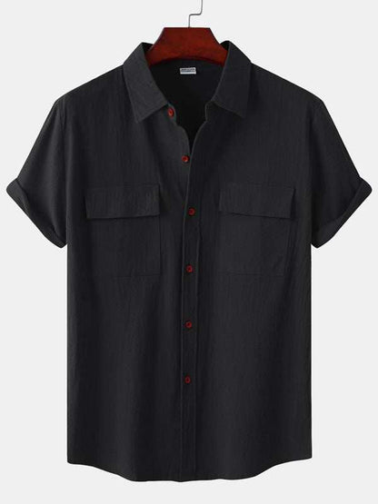Men's Stylish Square Neck Linen Shirt - Casual Solid Color Half Sleeve Top for Effortless Elegance - MENLL