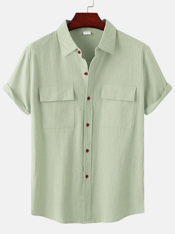 Men's Stylish Square Neck Linen Shirt - Casual Solid Color Half Sleeve Top for Effortless Elegance - MENLL