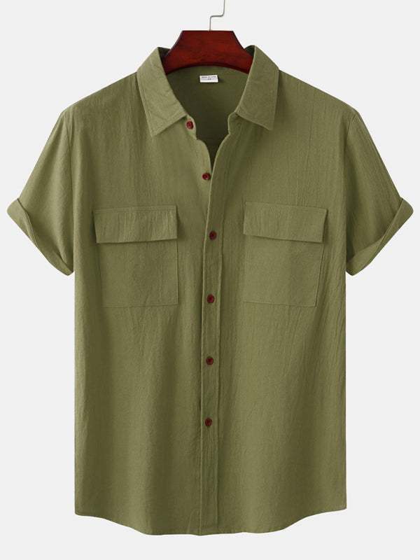 Men's Stylish Square Neck Linen Shirt - Casual Solid Color Half Sleeve Top for Effortless Elegance - MENLL