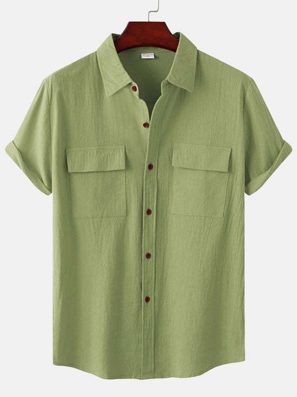 Men's Stylish Square Neck Linen Shirt - Casual Solid Color Half Sleeve Top for Effortless Elegance - MENLL
