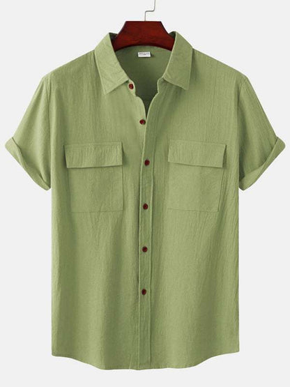 Men's Stylish Square Neck Linen Shirt - Casual Solid Color Half Sleeve Top for Effortless Elegance - MENLL