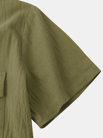 Men's Stylish Square Neck Linen Shirt - Casual Solid Color Half Sleeve Top for Effortless Elegance - MENLL