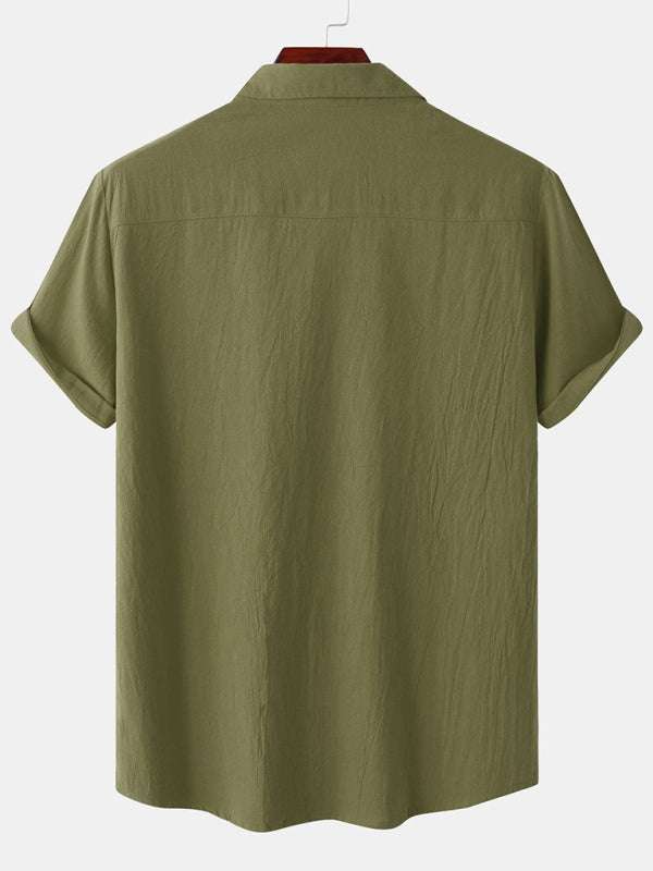Men's Stylish Square Neck Linen Shirt - Casual Solid Color Half Sleeve Top for Effortless Elegance - MENLL