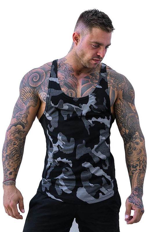 Camouflage print breathable quick dry sleeveless tank top for men.