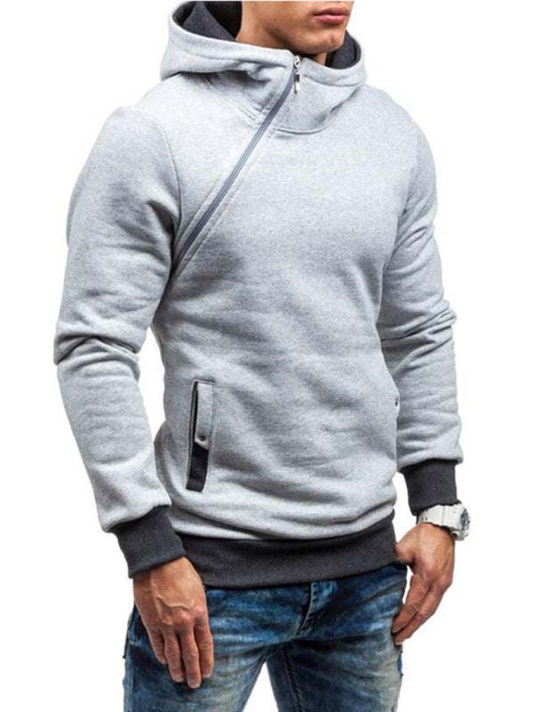Stylish Men's Long-Sleeve Hoodie with Diagonal Zipper - Comfortable Solid Color for Every Occasion - MENLL