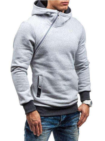 Stylish Men's Long-Sleeve Hoodie with Diagonal Zipper - Comfortable Solid Color for Every Occasion - MENLL