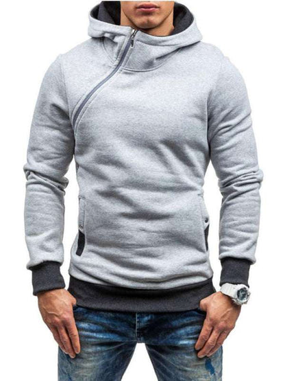Stylish Men's Long-Sleeve Hoodie with Diagonal Zipper - Comfortable Solid Color for Every Occasion - MENLL