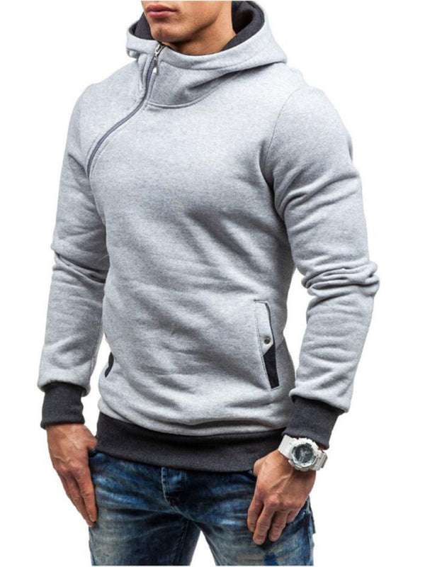 Stylish Men's Long-Sleeve Hoodie with Diagonal Zipper - Comfortable Solid Color for Every Occasion - MENLL