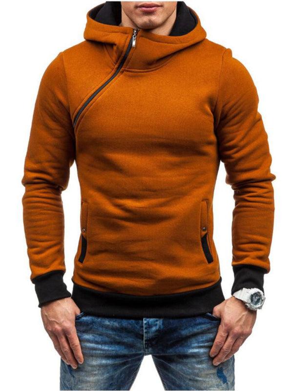 Stylish Men's Long-Sleeve Hoodie with Diagonal Zipper - Comfortable Solid Color for Every Occasion - MENLL
