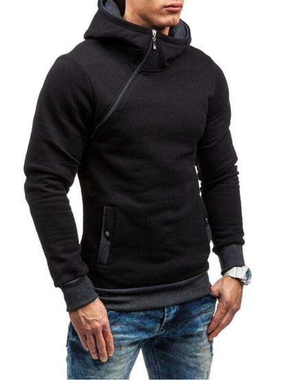 Stylish Men's Long-Sleeve Hoodie with Diagonal Zipper - Comfortable Solid Color for Every Occasion - MENLL